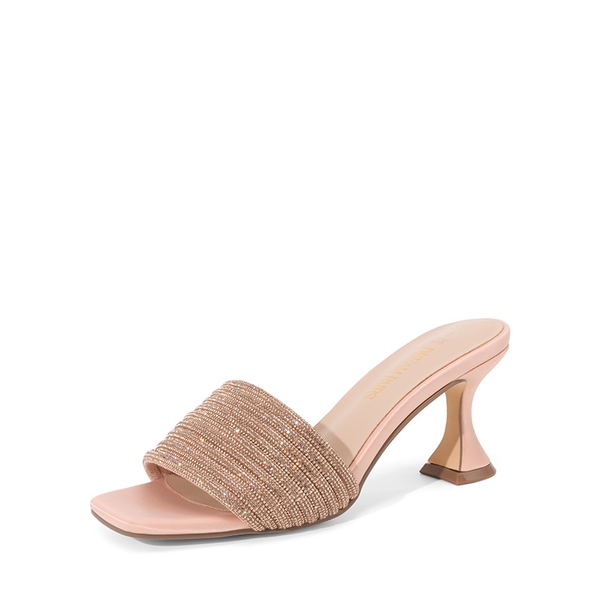 Rhinestone Flared Heel Sandals - ROSE GOLD -  0